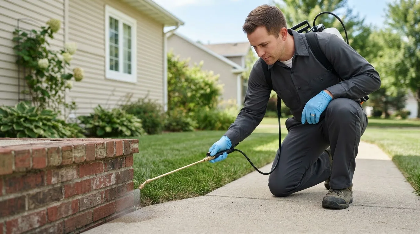 Pest control technician treating a home near Nokomis, IL