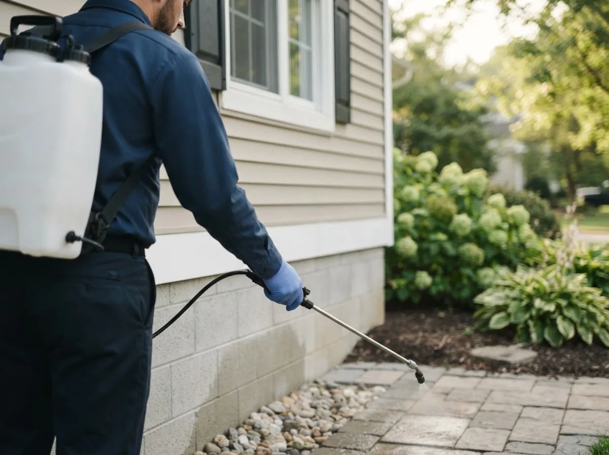 Pest control technician inspecting a home in Nokomis, IL